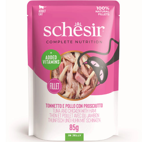Hrana umeda pentru pisici Schesir Ton, Pui & Sunca Jelly 85g